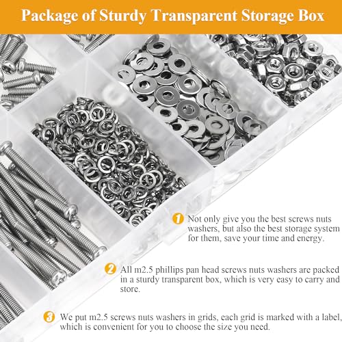 705 Pieces M2.5 Machine Screws Nuts Washers Set, Sutemribor M2.5 x 4/6/8/10/12/16/20mm Phillips Pan Head Machine Screws Nuts Washers Assortment Kit, 304 Stainless Steel, Fully Threaded - size: M2.5 Screws Kit, style: Phillips Pan Head