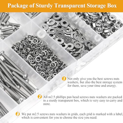 705 Pieces M2.5 Machine Screws Nuts Washers Set, Sutemribor M2.5 x 4/6/8/10/12/16/20mm Phillips Pan Head Machine Screws Nuts Washers Assortment Kit, 304 Stainless Steel, Fully Threaded - size: M2.5 Screws Kit, style: Phillips Pan Head