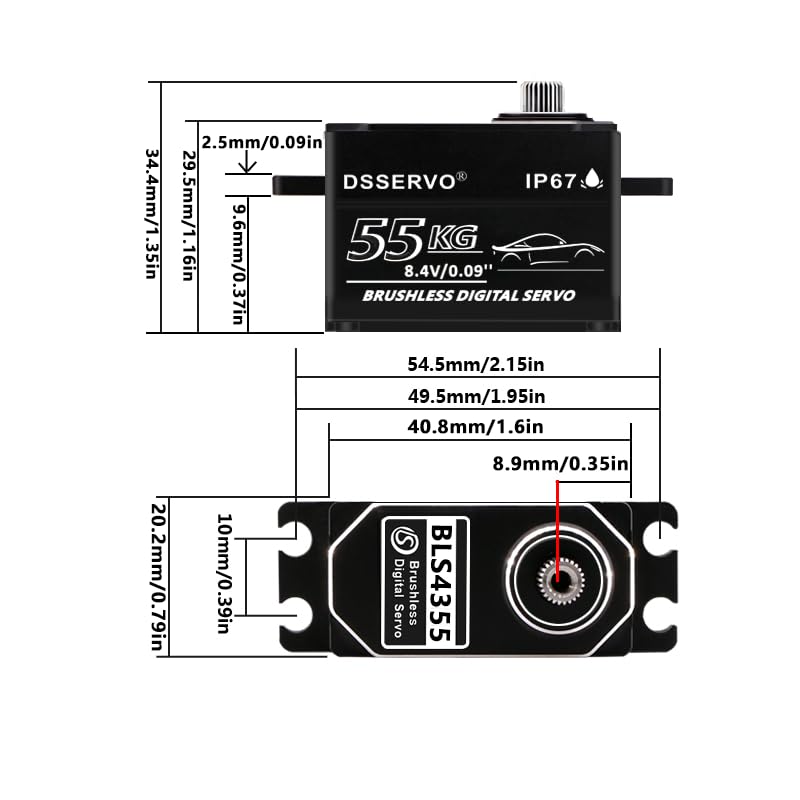 55kg Low Profile Brushless Servo with 2PCS 25T Servo Horn All Metal IP67 Waterproof Digital Servo High Torque Fast Steering Servo for 1/8 1/10 1/12 1/14 RC Car, 180°