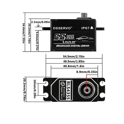 55kg Low Profile Brushless Servo with 2PCS 25T Servo Horn All Metal IP67 Waterproof Digital Servo High Torque Fast Steering Servo for 1/8 1/10 1/12 1/14 RC Car, 180°