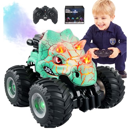 BEZGAR Monster Truck Toys, RC Cars with Mist Spray & Light, Two Batteries | Cyan Dinosaur Toys, 360° Stunt Spins RC Truck with Music, 4WD Remote Control Car for Boys 4-7, 40+ Mins Battery Life - color: Cyan