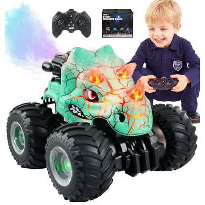 BEZGAR Monster Truck Toys, RC Cars with Mist Spray & Light, Two Batteries | Cyan Dinosaur Toys, 360° Stunt Spins RC Truck with Music, 4WD Remote Control Car for Boys 4-7, 40+ Mins Battery Life - color: Cyan