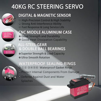 2Pcs 40KG Digital RC Servo with 25T Servo Arm, DS3240MG Full Metal Gear High Torque Steering RC Servo for 1:8 1:10 Scale RC Cars Crawlers Buggy Trucks Airplane Control Angle 180°