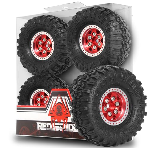 REDSPIDER 1.0 Beadlock Wheels and Crawler Tires 4pcs Aluminum Rim for RC Crawler Axial SCX24 Gladiator Bronco C10 Deadbolt FCX24 (Red) - color: Red