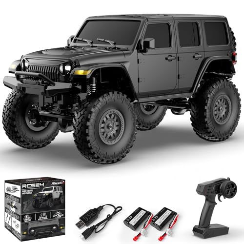 FLYCOLOR 1/24 RC Rock Crawler 4WD All Terrain Climbing Truck RTR Black | Metal Gear Full Ball Bearing LED Headlight 2 Batteries 40min Hobby Grade Waterproof Offroad Monster Truck Remote Control Car - color: Black