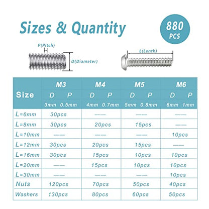 Kadrick 340 Stainless Steel Screws,880 Pcs Metric Screw Aassortment M6 M5 M4 M3,6mm-30mm Hex Socket Button Head Bolts Nuts Washers Kit with 4 Hex Wrenches - size: SS M3-M6 880Pcs