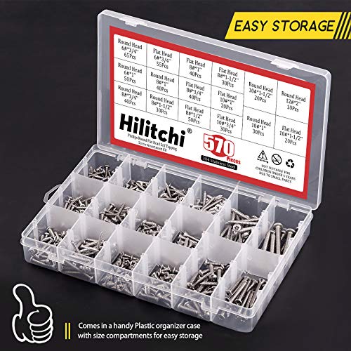 Hilitchi 570 Piece M 3 4 5 6 Stainless Steel Phillips Round Flat Head Self Tapping Screw Assortment Kit - color: silver - 570pcs