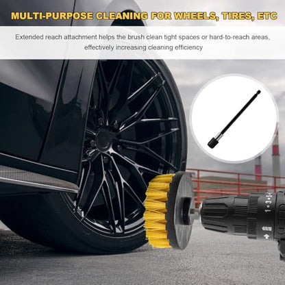 6PCS Drill Brush Attachment Set, 1/4in Power Scrubber Cleaning Brushes with Extended Rod, All Purpose Drill Activated Brushes Cleaning Kit for Car Detailing Carpet Floor Tub