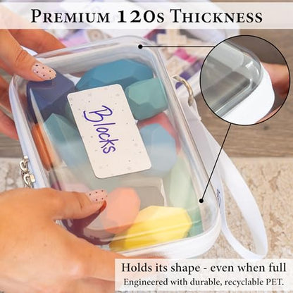 Clear Hard Shell Zipper Case Set (1Large + 2Small), 120s Thick PET Plastic Storage Bags, Dual Zipper Travel Organizer with Star Charms, Removable Strap, Removable Labels & 2 Markers - size: 1Large + 2Small