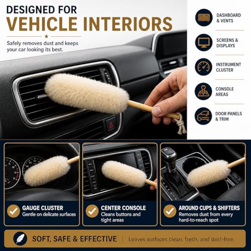 TRU-LAMB Premium Lambskin Mini Duster 3-Pack – Natural Wool Dusting Brush for Car Interior, Dashboard, Air Vents, Mini Blinds, Electronics, Keyboard, Home & Office Cleaning