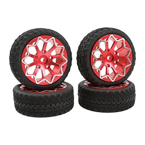 ShareGoo Metal Wheel Rims with Rubber Tire RC 12mm Hex Compatible with HSP Tamiya Kyosho RedCat Sakura WLtoys 1/10 RC On-Road Racing Touring Car (Red) - color: Red
