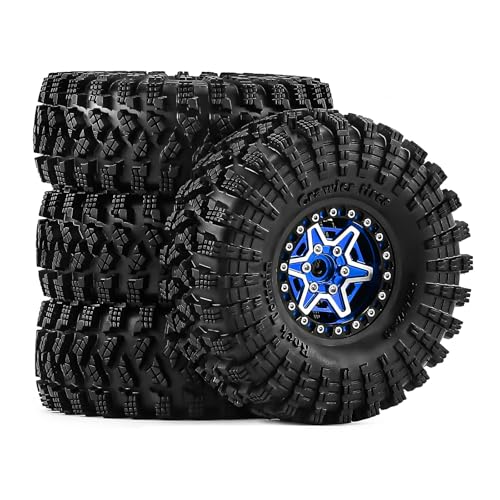 1.9" Alloy Wheels and Rubber Tires 4-Pack, for TRX4, SCX10, SCX10 III, 90046, D90 and Other Popular RC Crawler Models (blue) - color: Blue+W tires