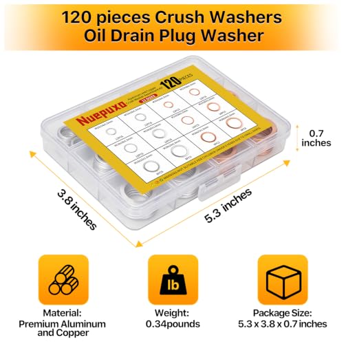 120PCS Crush Washer Oil Drain Plug, Aluminum & Copper Crush Washer | 12 Sizes Oil Drain Plug Gasket Assortment Kit for Automotive, Motorcycles, Marine and Mechanical Use (M10 M12 M14 M16 M18) - size: 120PCS(M10-M18)