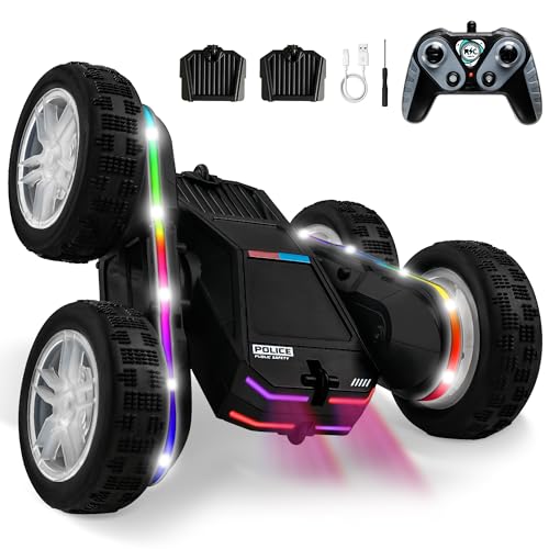 Police Remote Control Car RC Stunt 4WD 360° Flips Car Monster Truck Toys | Double-Sided Drift Rc Cars ,LED Lights ,2 Rechargeable Charge Battery Modules ,Toys and Gift for Boys Age 3-12 - color: Black