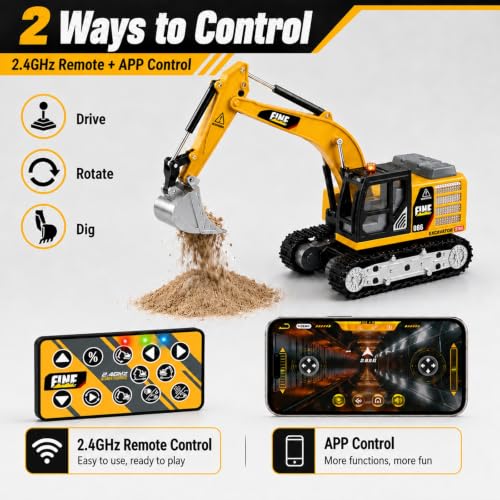 Mini RC Excavator, 1/64 Remote Control Excavator with Lights & Sounds, App & 2.4GHz RC Alloy Rechargeable Construction Vehicle Toy with Lights & Sounds, Gift for Boys Girls Adults - style: RC Excavator