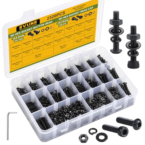 M3 Metric Screw Assortment, 2320PCS M3 x 6/8/10/12/16/20/25/30/35mm Hex Socket Button & Cap Head Screws Nuts Bolts Washer Assortment Kit 12.9 & 10.9 Grade Black Oxide for DIY, 3D Printer - size: M3 2320PCS Button&Socket Black