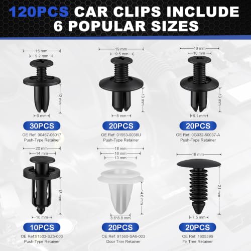120PCS Car Clips Kit, 6 Popular Sizes, Fits Most Vehicles | Push-In Plastic Rivets with Removal Tool for Bumper, Fender & Door Trim Panel Replacement
