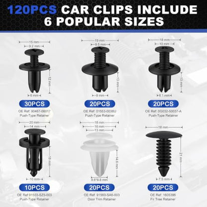 120PCS Car Clips Kit, 6 Popular Sizes, Fits Most Vehicles | Push-In Plastic Rivets with Removal Tool for Bumper, Fender & Door Trim Panel Replacement