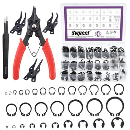 Swpeet 312Pcs 4 in 1 Snap Ring Pliers with Alloy Steel M4-M28mm C-clip External Retaining Rings Snap Rings and 1.5mm-10mm E-clips Retaining Rings Assortment Kit, Included Tweezer for Pin Clips Repair - style: Snap Ring Plier Kit