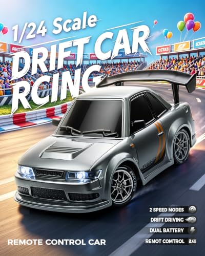 RC Drift Car, 1/24 Remote Control Drift Car for Adults Kids, 4WD 20KM/H High Speed RC Sports Cars with LED Lights, Extra Racing Tires, Vehicle for Boys Beginners Indoor Outdoor, Silver Grey