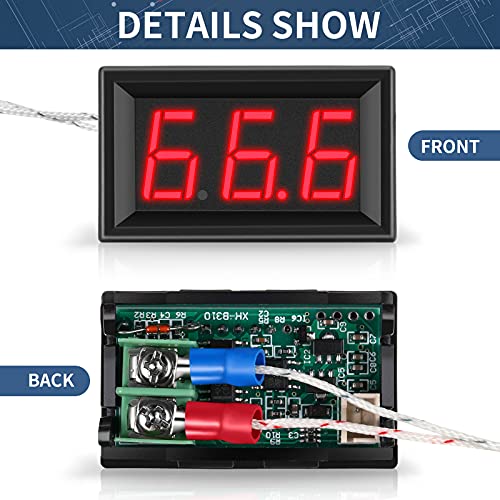 2 Pieces -30-800 Degree Centigrade Digital Temperature Meter with 0.5 Meter K-Type Thermocouple Temperature Sensor and 2-Wires Reverse Polarity Protection with Red LED Display Black Case