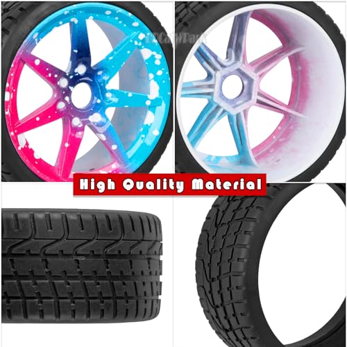 RC Highway Tires Wheel for 1/7 Infraction 6S BLX/Limitless,1/8 Typhon 6s BLX,7 Spokes Wheel Rim & Rubber Highway Tires RC Drift Tires,Blue Pink - color: Blue Pink - (4pcs Highway Tires)