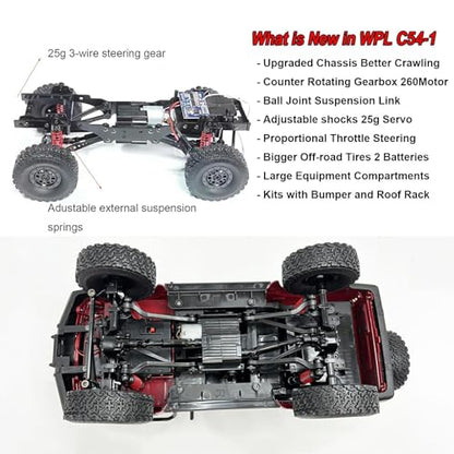 RC Crawler WPL C54-1 RC Truck 4x4 1/16 Scale Remote Control Rock Crawler | Off Road All Terrain Full Proportional 260 Motor Upgraded Chassis Hobby Car Adult 2 Batteries