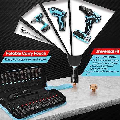 SHALL 29PCS Magnetic Nut Driver Set, Impact Drill Driver Bit 1/4" Hex Shank, SAE & Metric Cr-V Steel Power Nut Drivers with Quick-release Extensions, Impact Socket Adapters, Bit Holder and Storage Bag - size: Variety Pack