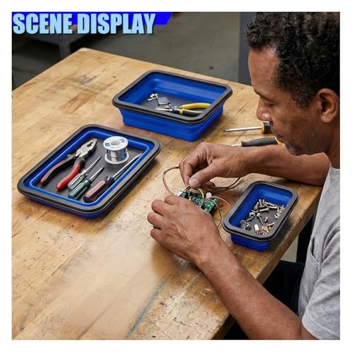 3PCS Collapsible Magnetic Parts Tray Set, Silicone Heavy-Duty Tool Tray with Strong Magnetic Base, Foldable Auto Organizer for Bolts, Nuts, Washers & Other Small Metal Parts (Blue)