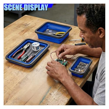 3PCS Collapsible Magnetic Parts Tray Set, Silicone Heavy-Duty Tool Tray with Strong Magnetic Base, Foldable Auto Organizer for Bolts, Nuts, Washers & Other Small Metal Parts (Blue)