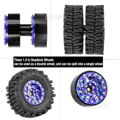 1.3 Dually Beadlock Wheels Tires for RC Crawler Car 1/18 TRX4M Ascent-18,1/24 SCX24 FCX24,RC Off Road Buggy Rally Truck Wheels and Tires,Adjustable Offset Wheels,7mm Hex Rims,Purple Blue - color: Purple Blue Tone - (4pcs 1.3 Beadlock Tires)