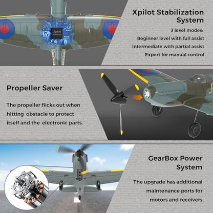 CKYSCHN RC Plane 4 Channel & X-Pilot Gyro, Spitfire RC Airplanes for Adults | VOLANTEXR RTF Remote Control Airplane with 3-Level Mode for All Skill Levels, One Key Aerobatic for Beginners - color: Green-76112