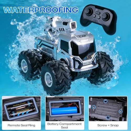 1:18 Remote Control Car, Amphibious RC Monster Truck for Kids, 4WD Waterproof RC Stunt Car, 2.4GHz All Terrain Off-Road Vehicle with 2 Rechargeable Batteries, Toy Gift for Boys Girls Aged 6-12