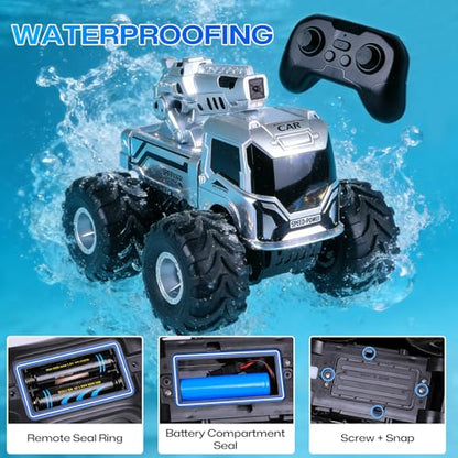 1:18 Remote Control Car, Amphibious RC Monster Truck for Kids, 4WD Waterproof RC Stunt Car, 2.4GHz All Terrain Off-Road Vehicle with 2 Rechargeable Batteries, Toy Gift for Boys Girls Aged 6-12