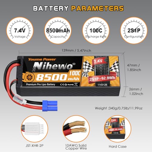 2S Lipo Battery 8500mAh 7.4V 100C Hardcase EC5 2Pcs for RC Car Truck | 2S Lipo Battery EC5 7.4V 8500mAh 100C for 1/8 1/10 RC Car Truck Buggy Boat Drone Model Durable Hardcase protection - style: 2x 7.4V 8500mAh