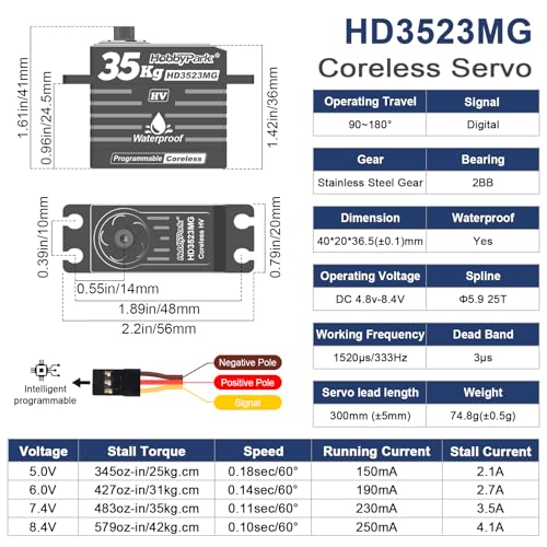 HobbyPark 35kg RC Servo Waterproof High Torque Metal Gear Digital Stainless Steel Gears Aluminum Case for 1/7 1/8 1/10 RC Crawler Car Truck Buggy Programmable Control Angle 180° (Coreless Motor)