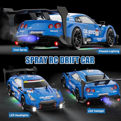 1:16 Spray RC Drift Car for Kids 4WD 2.4GHz 40KM/H High Speed Remote Control Car with LED Lights Drifting Tires & 2 Batteries, Racing Sport Toy for Boys Girls (Blue) - color: Blue