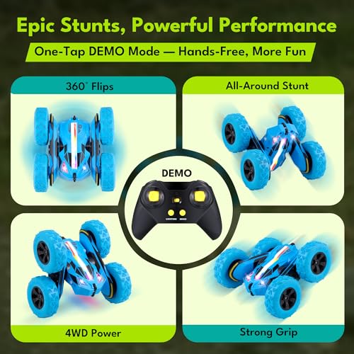 Threeking Remote Control Flip Stunt Car Double Sided Driving Crawler Toys | Quick-Swap Modular Battery Durable RC Cars with Auto Demo Breathing Soft Lights Gifts for Boys Girls Ages 6-12 - color: Blue