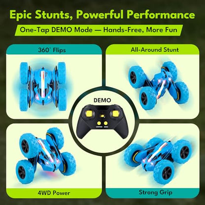 Threeking Remote Control Flip Stunt Car Double Sided Driving Crawler Toys | Quick-Swap Modular Battery Durable RC Cars with Auto Demo Breathing Soft Lights Gifts for Boys Girls Ages 6-12 - color: Blue