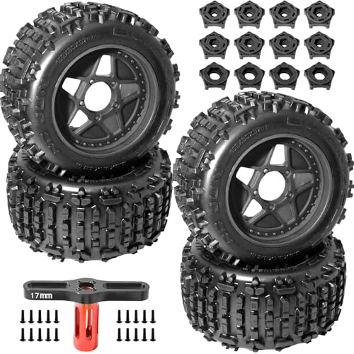 3.8" MT Monster Truck All Terrain Tires with Foam Insert - 17mm/14mm/12mm Hex Adapters Included for TRAXXAS Sledge ARRMA KRATON Outcast Tamiya HSP (Set of 4) Replacement Part of AR510092 - color: Black