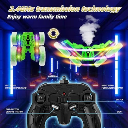 Terucle 360°Rotating Remote Control Car, 4WD RC Cars with Cool Spray, 2.4Ghz Double Sided RC Stunt Truck for 6-13 Year Old Boy Toys Birthday Gift