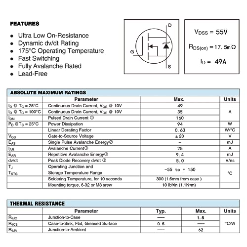 IRFZ44N MOSFET 49A 55V IRFZ44 IRFZ44NPBF N-Channel Rectifier Power Transistor Rectifier 49 Amp 55 Volt TO-220 (Pack of 20pcs) - style: IRFZ44N