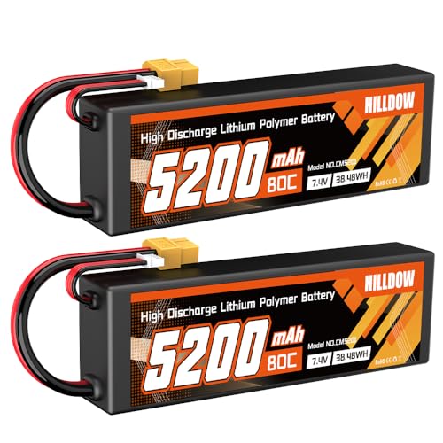 Hilldow 7.4V Lipo Battery 2S 80C 5200mAh Lipo Hard Case with XT60 Connector for RC Car Trucks RC Vehicles(2 Packs)