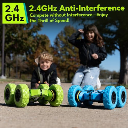 Threeking Remote Control Flip Stunt Car Double Sided Driving Crawler Toys | Quick-Swap Modular Battery Durable RC Cars with Auto Demo Breathing Soft Lights Gifts for Boys Girls Ages 6-12 - color: Blue