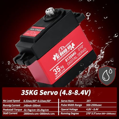 35KG Servo High Torque RC Servo,Servo Motor 4.8-8.4V RC Servo Full Metal Gear Waterproof Compatible with 1/8, 1/10, 1/12 RC Car with 25T Servo Horn and Parts (270°-2 Pack) - color: 35kg