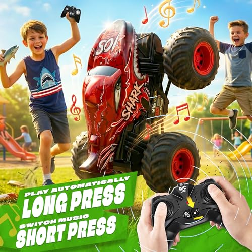 BEZGAR Monster Truck Toys - Remote Control Monster Truck with Light & Music, Dinosaur Toys for Kids, 1:20 Scale RC Truck with 360° Spins and Drifting, Remote Control Car for Boys (Red) - color: Red
