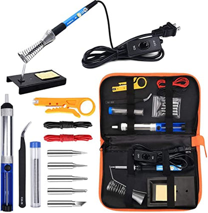Soldering Iron Kit Electronics, 60W Adjustable Temperature Welding Tool, 5pcs Soldering Tips, Desoldering Pump, Soldering Iron Stand, Tweezers - color: Orange