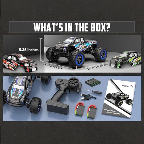 RACENT RC Truck 1:16 4x4 All Terrain RC Car 40KPH High Speed Remote Control Cars for Adults, Off-Road Monster Truck with 2.4Ghz Radio Control,2 Batteries（Blue&Red&Green） - color: Blue&red&green