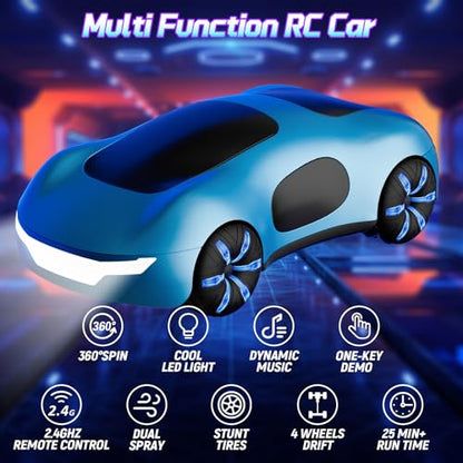 Remote Control Car, Gesture Sensing RC Sunt Car, 2.4GHz RC Drift Cars with Spray Light and Sound, 360° Rotating Side Drifting RC Cars with 2 Batteries, Birthday Gifts (Blue)