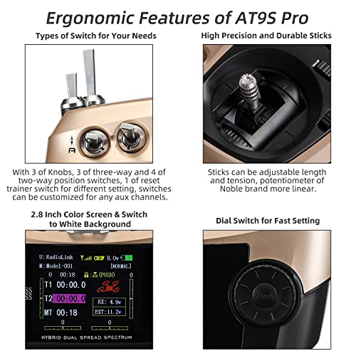 Radiolink AT9S Pro 10/12 Channels RC Transmitter and Receiver R9DS Grey | Long Range RC Remote Radio Controller for RC Airplane, FPV GPS Drone, Car, Boat and More Mode 2 - color: Champagne Gold